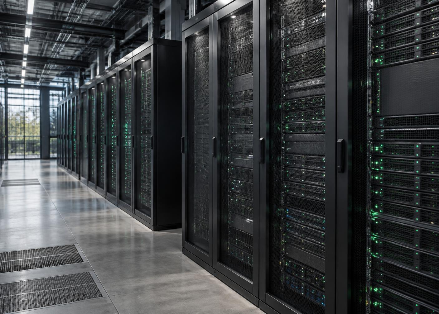 Illustrative rows of server racks in a modern data center